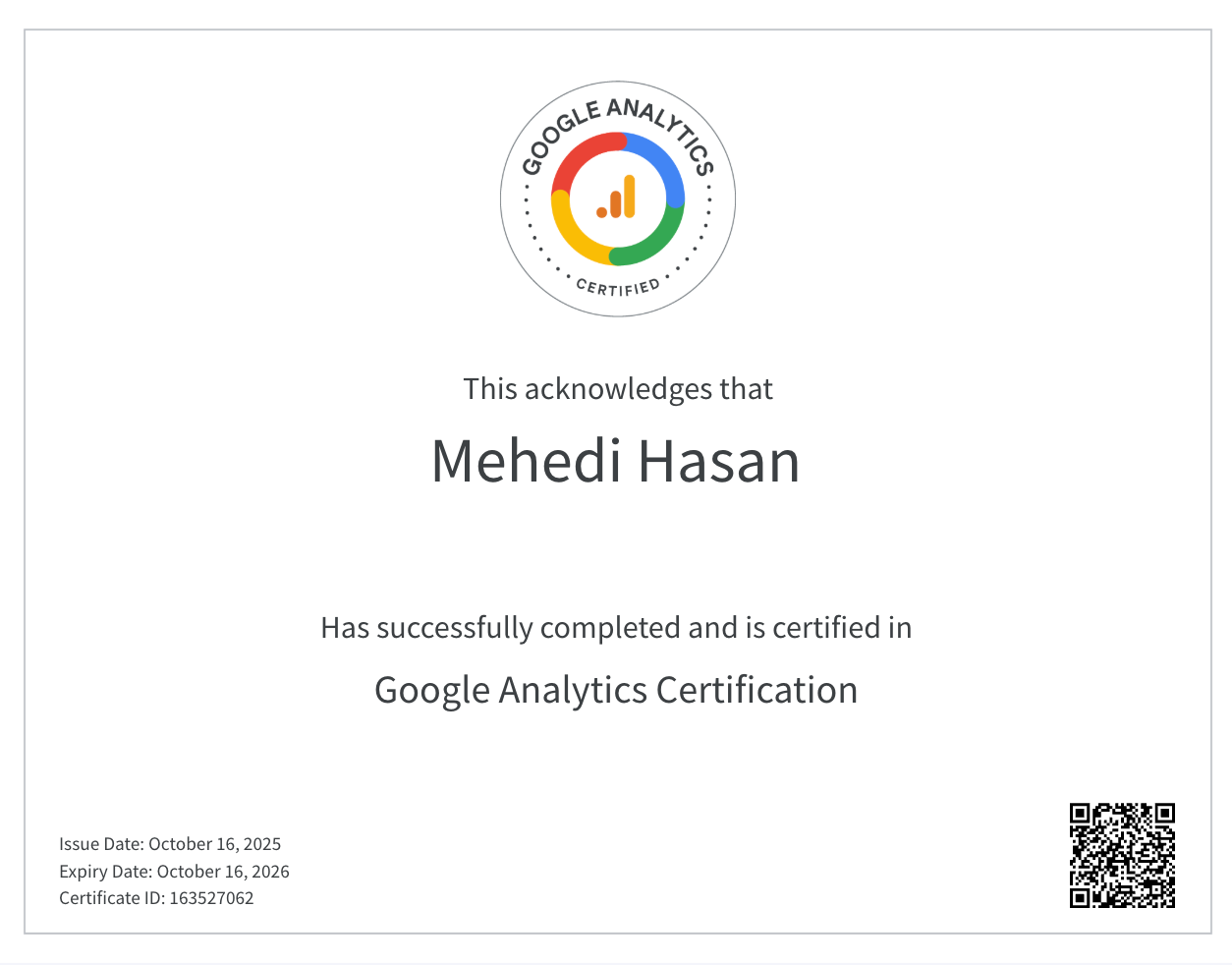 Mehedi Hasan Google Analytics 4 certification from Google Skillshop