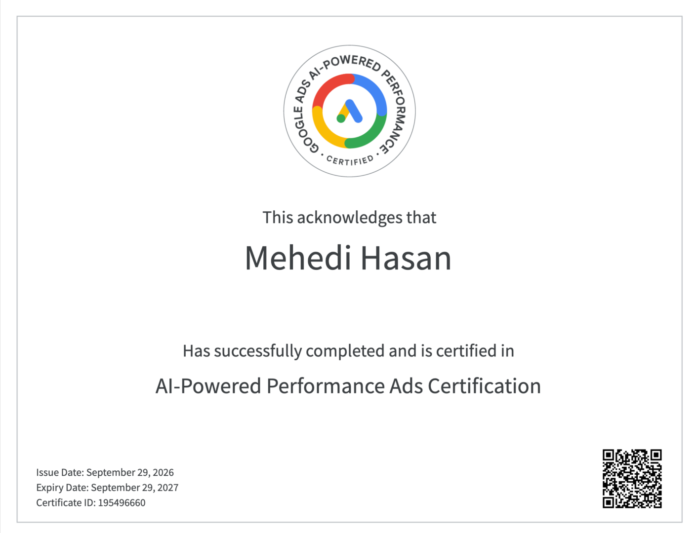 Mehedi Hasan Google Ads certification from Google Skillshop