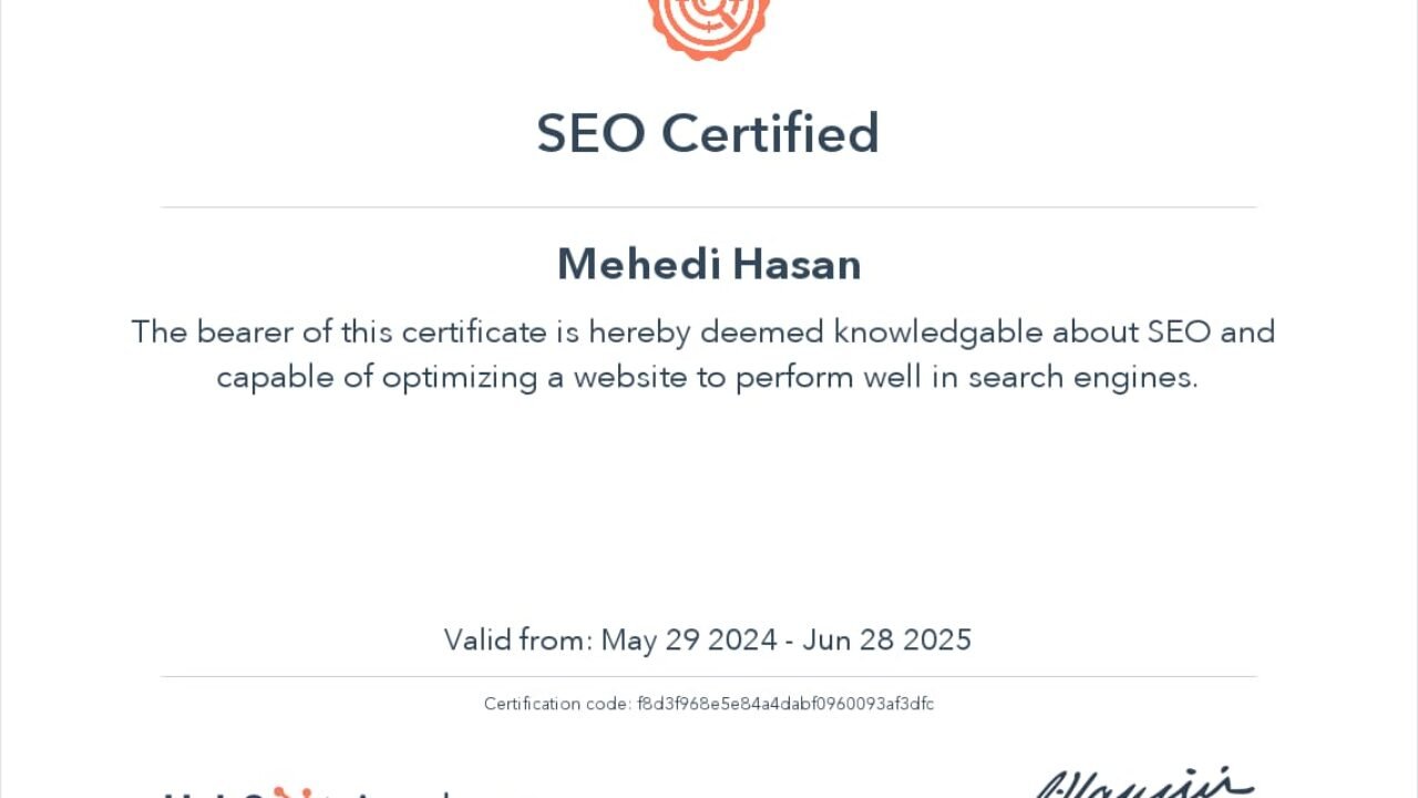HubSpot Academy SEO Certificate for Mehedi The Web Guy